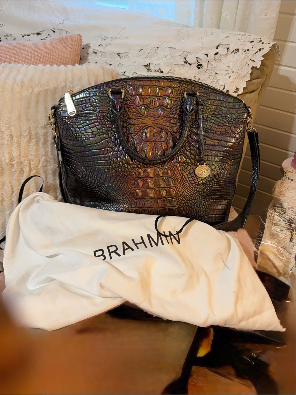 Brahmin Iridescent Large Duxbury Leather Croc- embossed Bag with Dustbag
